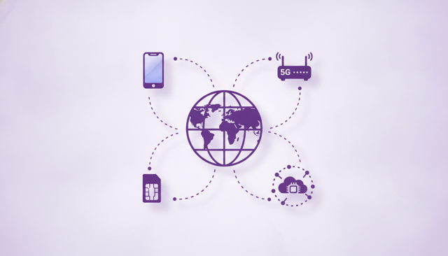 realistic travel illustration showing a smartphone, portable 5G router, physical SIM card and digital eSIM concept connected to a world map, no text or labels