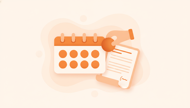 clean flat illustration of a calendar with a six-month timeline, a simple contract sheet, and a hand placing a marker on the final month