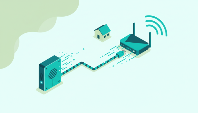 isometric illustration of a fiber box connected by an ethernet cable to a modern Wi-Fi router, with a house in the background showing wireless coverage
