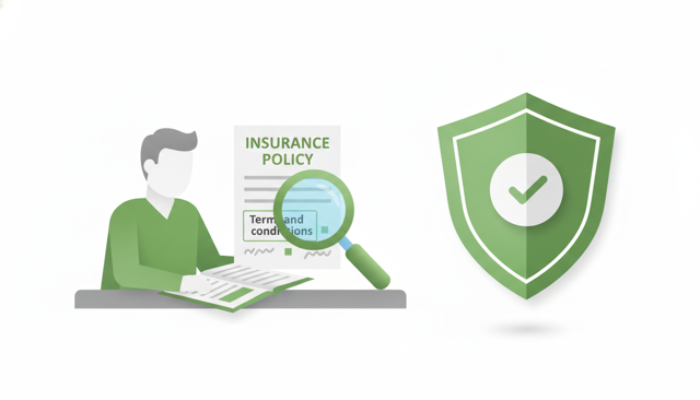 editorial illustration of a person reviewing an insurance policy document beside a shield icon and a magnifying glass, emphasizing terms and conditions
