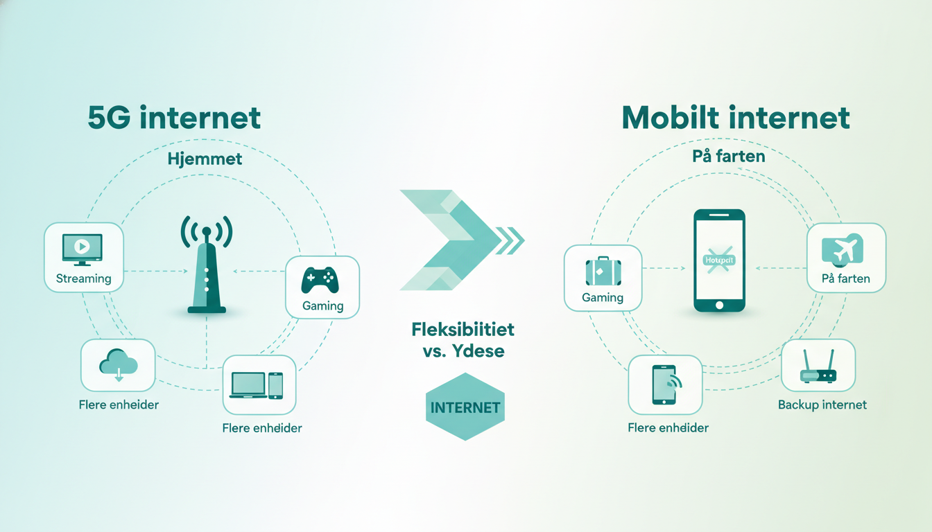 comparison infographic showing a home setup with a 5G router on one side and a mobile phone hotspot on the other, connected to different use cases like streaming, gaming, travel, and backup internet. Danish labels: "5G internet", "Mobilt internet", "Hjemmet", "På farten", "Flere enheder", "Hotspot"