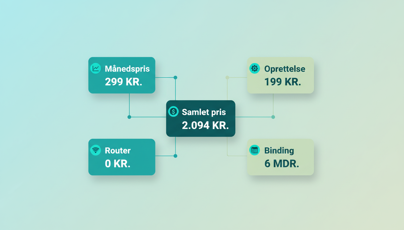 clean comparison infographic showing a monthly price, setup fee, router cost, and binding period as four separate cards connected by arrows. Danish labels: "Månedspris", "Oprettelse", "Router", "Binding", "Samlet pris"