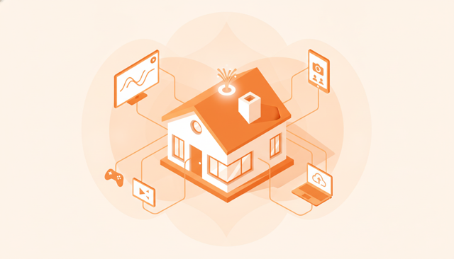 isometric illustration of a modern family home with multiple devices connected to a fiber network, showing simultaneous streaming, gaming, video calls, and file uploads