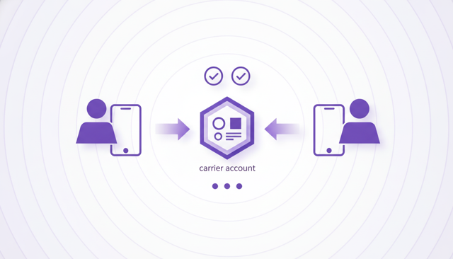 clean infographic showing a mobile number being transferred from one phone to another through a simple approval process, with two people and a carrier account interface