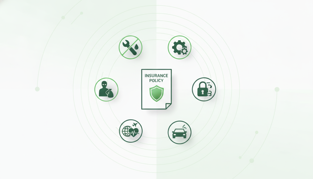 editorial illustration of an insurance policy surrounded by symbolic icons for wear, poor maintenance, theft, travel, car damage, and medical exclusion, clean modern style, no text or labels