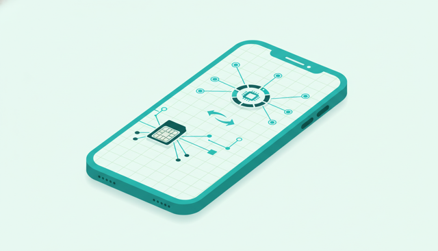 minimalist illustration showing a smartphone with one physical SIM card and one digital eSIM profile, with a subtle swap arrow between them, clean modern style