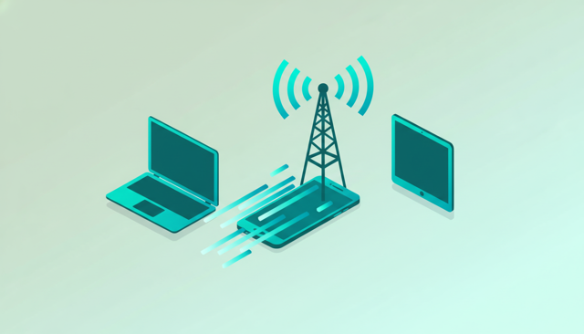isometric illustration of a smartphone sharing mobile internet to a laptop and tablet, with signal waves coming from a nearby cell tower