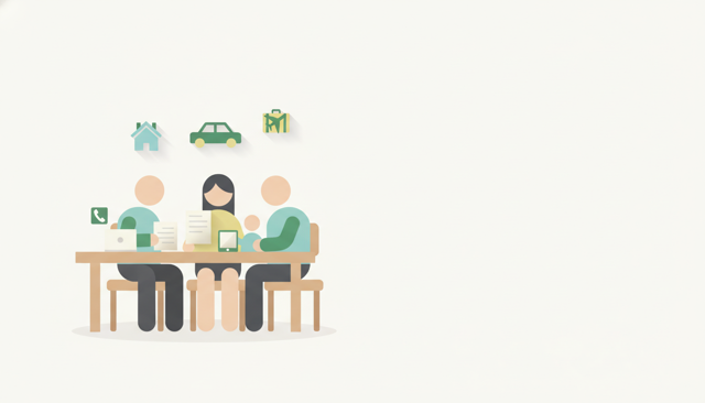 clean editorial illustration of a Danish family reviewing insurance papers at a kitchen table, with a phone, laptop, and house-related icons suggesting home, car, and travel insurance