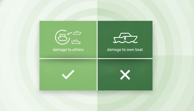 minimalist comparison table style illustration showing liability insurance versus hull insurance for a boat, with simple icons for damage to others and damage to own boat