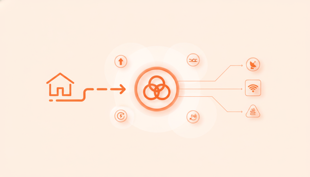 modern home network illustration showing a speed decision path from a house to different connection options, emphasizing stability, upload, and latency with simple visual symbols
