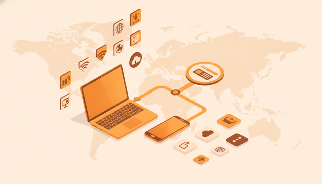 illustration of a laptop and smartphone connected to the internet, with a visible public IP path leading to a website and a blurred geographic map in the background