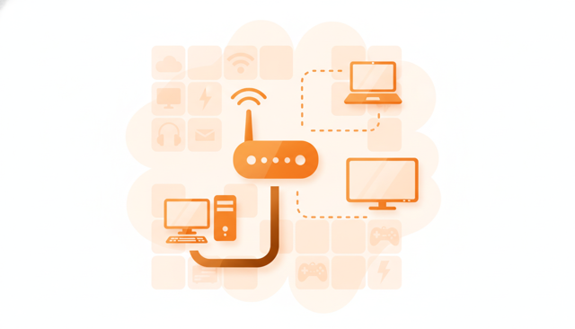 clean infographic showing a router as the center of a home network, with one cable path to a gaming PC and one wireless path to a laptop and smart TV