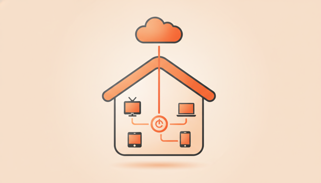 minimalist illustration showing a home network with one public IP address outside the house and several private devices inside, connected by clean network lines
