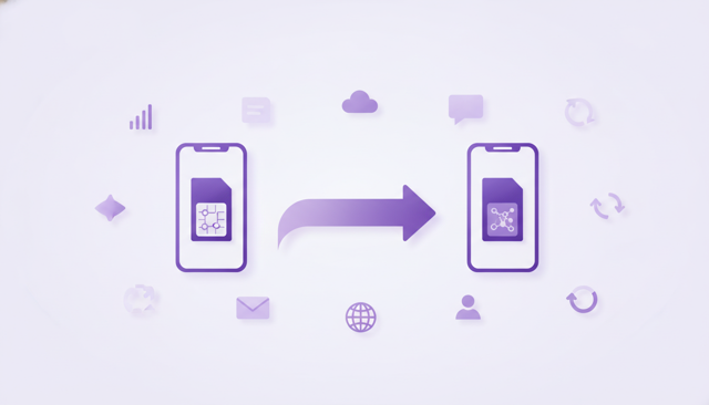 flat illustration of a mobile phone number moving from one SIM card to another with a simple arrow and two smartphones