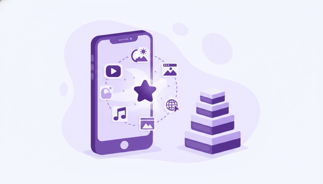 clean flat illustration showing a smartphone with flowing digital content icons such as video, music, photos, and web pages, next to stacked storage units representing data measurement