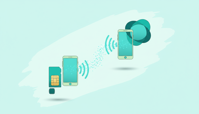 minimalist comparison of a physical SIM card and a digital eSIM profile, shown beside two smartphones with simple signal waves, clean modern style