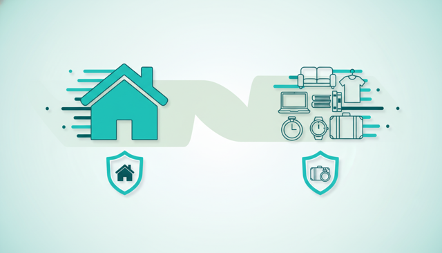 side-by-side comparison illustration of a house structure on one side and personal belongings on the other, with simple icons suggesting separate insurance coverage areas