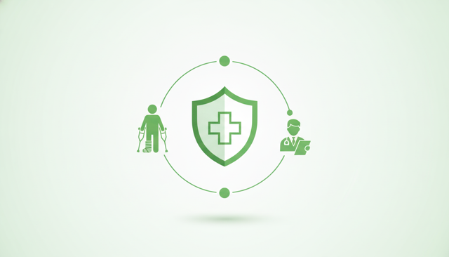 medical and insurance themed illustration showing a person with a leg cast, a doctor reviewing documents, and a generic insurance shield icon in a clean modern style