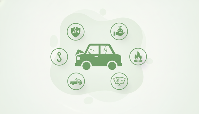 minimalist illustration of a damaged car with separate visual icons for collision, theft, fire, broken windshield, and roadside assistance