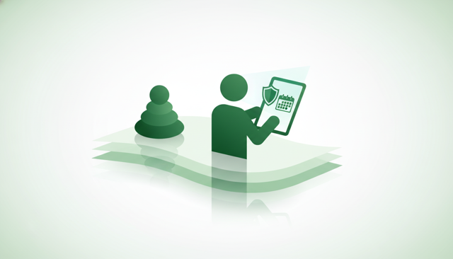 clean flat illustration of a person reviewing an insurance policy on a tablet, with a calendar, shield icon, and age milestones shown as abstract symbols