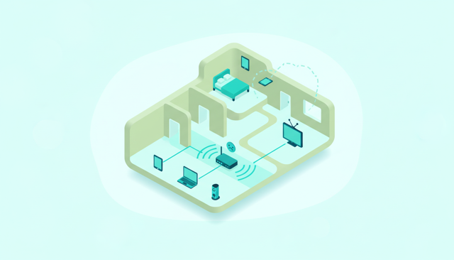 minimalist home network scene showing an aging router struggling to cover a house, with weak signal waves in some rooms and stronger waves near the router