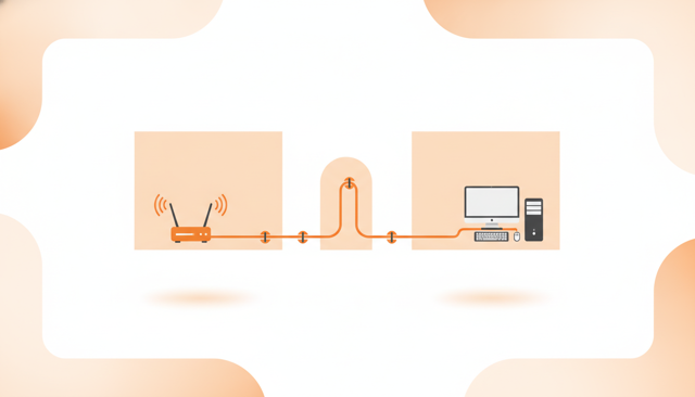 clean interior scene showing a long ethernet cable routed neatly along a wall from a router in one room to a desktop computer in another room
