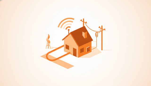 clean flat illustration showing a house with different internet delivery paths coming in from the street, representing fiber, coax cable, and wireless 5G signal
