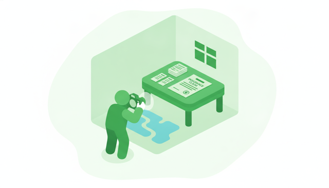 realistic editorial illustration of a person photographing water damage in a home while organizing receipts and an insurance claim document on a table, no text or labels