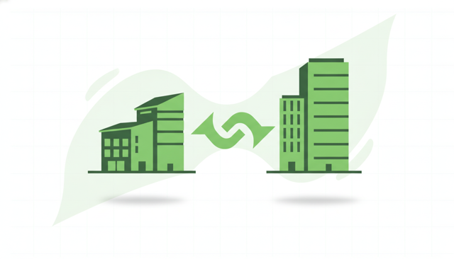 clean editorial illustration showing two connected insurance buildings, one representing a member-based insurance brand and one representing a large insurance group, with subtle handshake symbolism and no text