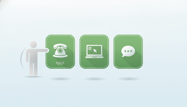 clean modern illustration of a customer choosing between phone, laptop self-service, and message form for insurance contact, with a calm neutral style