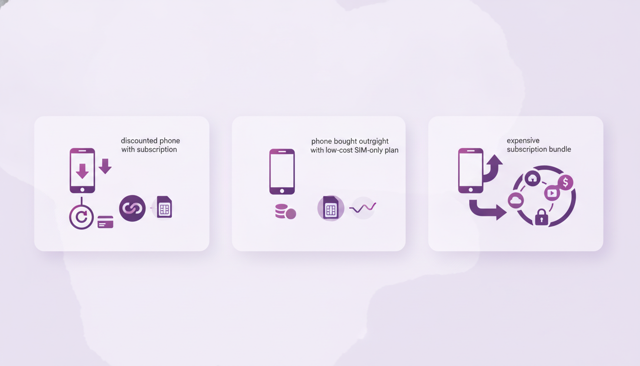 minimalist infographic with three phone purchase scenarios shown as cards: discounted phone with subscription, phone bought outright with low-cost SIM-only plan, and expensive subscription bundle, all without text