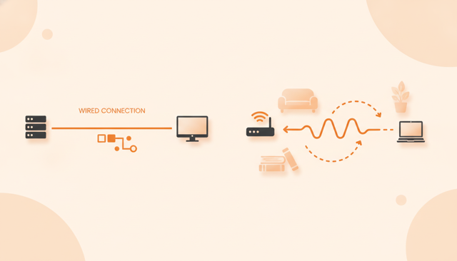 minimalist comparison illustration showing a wired connection as a straight fast line and Wi-Fi as a weaker curved signal around obstacles in a house