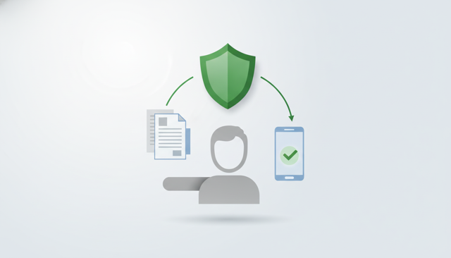 minimalist editorial illustration of a customer reviewing an insurance claim experience with documents, a phone, and a shield icon on a clean desk