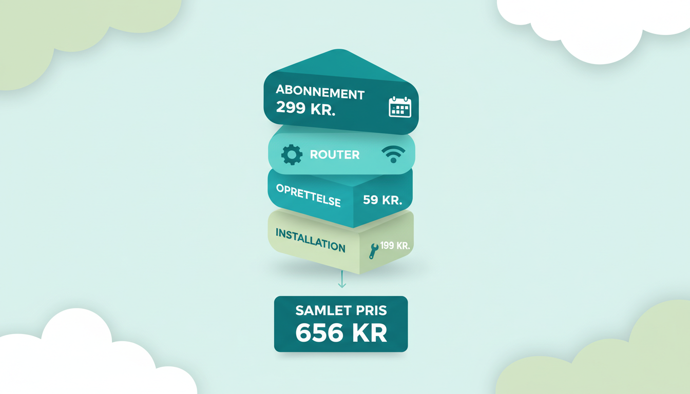 clean infographic showing a monthly fiber internet price breakdown with four stacked blocks and a total sum box. Danish labels: "Abonnement", "Oprettelse", "Installation", "Router", "Samlet pris"