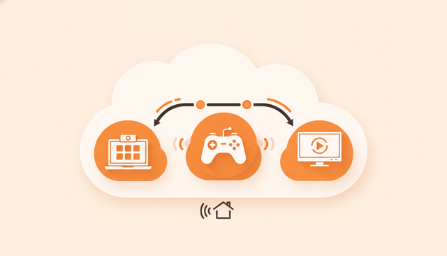 clean modern illustration of a gamer, a laptop on a video call, and a streaming TV connected by fast network lines, showing low-latency home internet performance