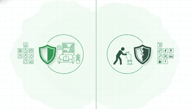 flat illustration showing a home interior on one side with personal belongings protected by a shield, and on the other side a person accidentally damaging another person's property with a separate shield symbol