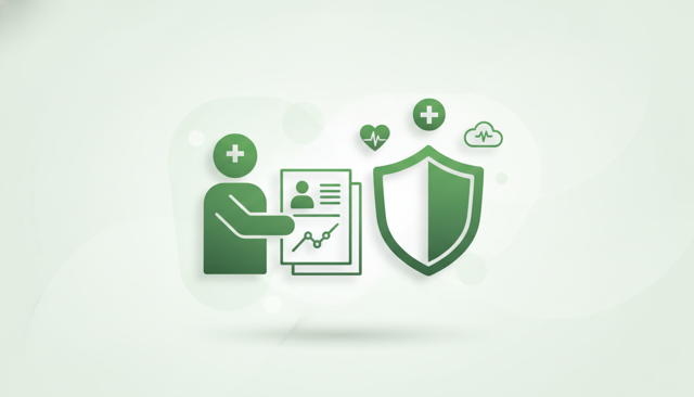 clean medical insurance concept showing a doctor reviewing a patient file beside a shield and several abstract health icons, modern editorial illustration, no text or labels