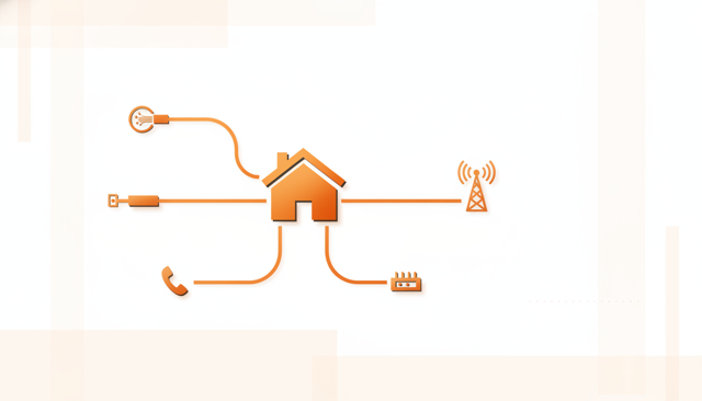 minimalist comparison illustration showing a house with four connection paths leading to fiber cable, coax cable, DSL line, and 5G signal tower
