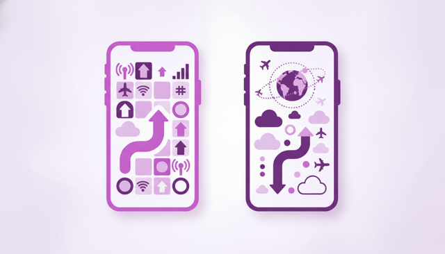 clean comparison illustration with two smartphone screens side by side, one representing a domestic mobile plan and the other a travel data plan, with abstract icons for signal, globe, and data