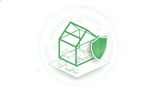isometric illustration of a house cutaway showing the building structure protected by a shield, with furniture inside shown separately as a different layer