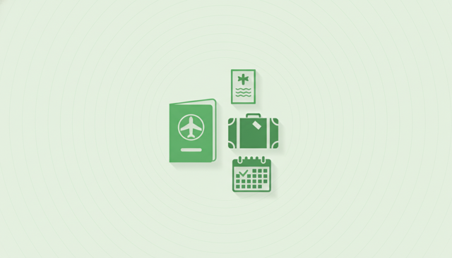 flat lay illustration of a passport, suitcase, travel insurance policy document and a calendar page highlighting a single trip period, clean modern style