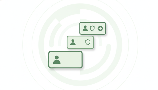 minimalist comparison illustration showing three insurance package tiers as stacked cards with a person icon, a shield icon, and a medical cross icon