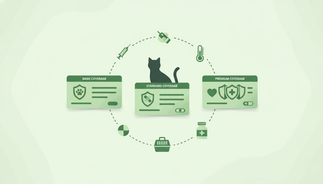 clean comparison table style illustration with three pet insurance cards beside a cat silhouette, showing different coverage levels and a subtle veterinary theme