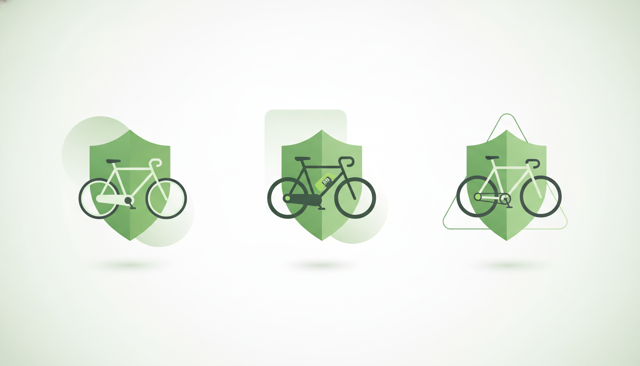 clean comparison illustration showing three different bicycle insurance options as simple shield icons around a city bike, an e-bike, and a racing bike