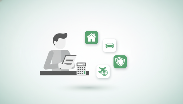minimalist illustration of a person reviewing insurance documents beside a calculator, with four floating icons representing home, car, travel, and liability coverage