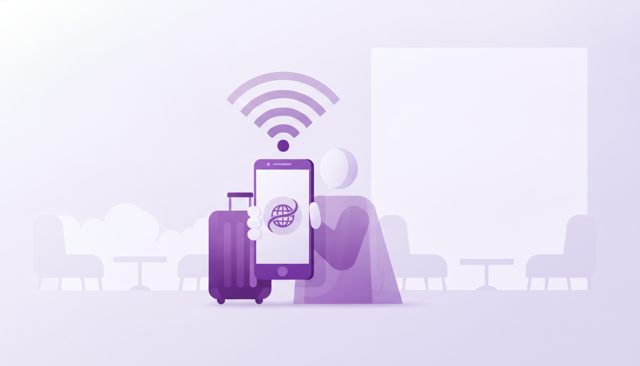 minimalist illustration of a traveler activating an eSIM on a smartphone at an airport lounge, with a suitcase and subtle mobile network signal waves