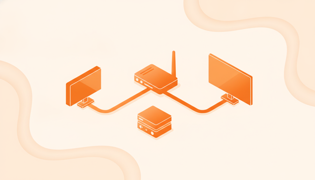 clean isometric illustration of a home network with a router connected by one cable to a desktop computer, a game console, and a smart TV, showing a simple wired connection concept