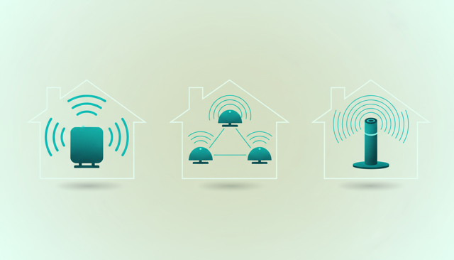 minimalist comparison illustration showing a single router, a mesh setup with multiple nodes, and a 5G router in a home environment, each visually distinct without text