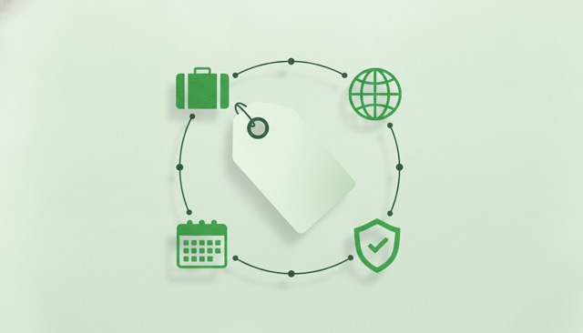 clean flat illustration of a suitcase, globe, calendar, and insurance shield arranged around a simple price comparison concept