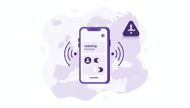 clean flat illustration of a traveler checking roaming settings on a smartphone with a subtle map of Europe in the background and a warning symbol outside Europe
